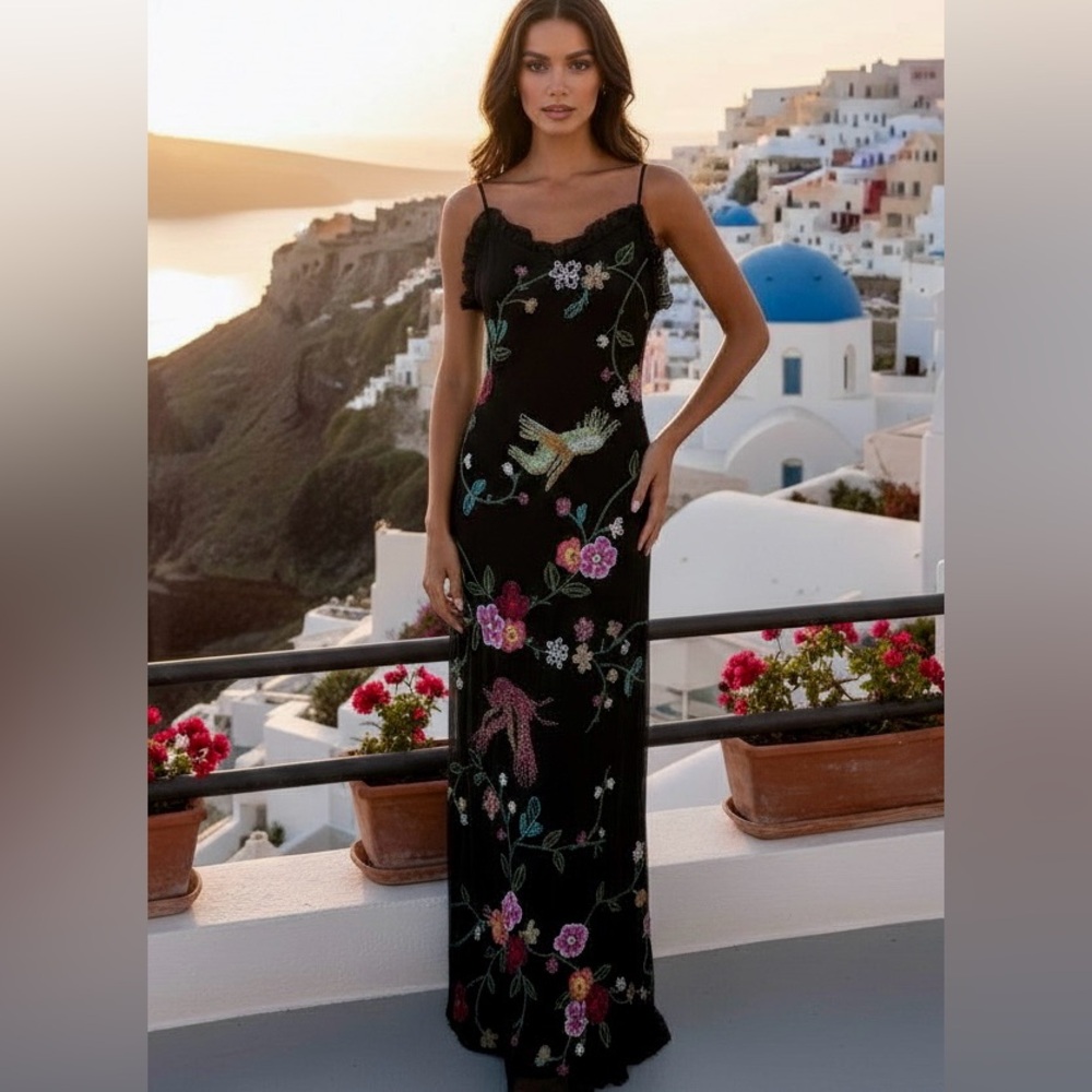 Attitudes by Debra Floral hand beaded and hand Embroidered Black Maxi Dress